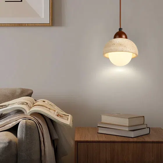 D15cm Ball Stone LED Pendant Light in Wood and Yellow Travertine, installed view