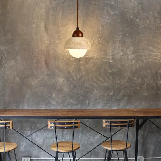 D15cm Ball Stone LED Pendant Light in Wood and Yellow Travertine, scale view