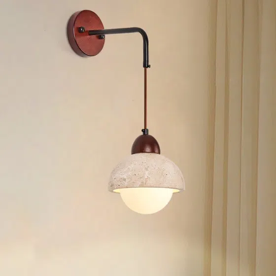 D15cm Natural Stone Ball Wall Light in Wood and Yellow Travertine, product photograph