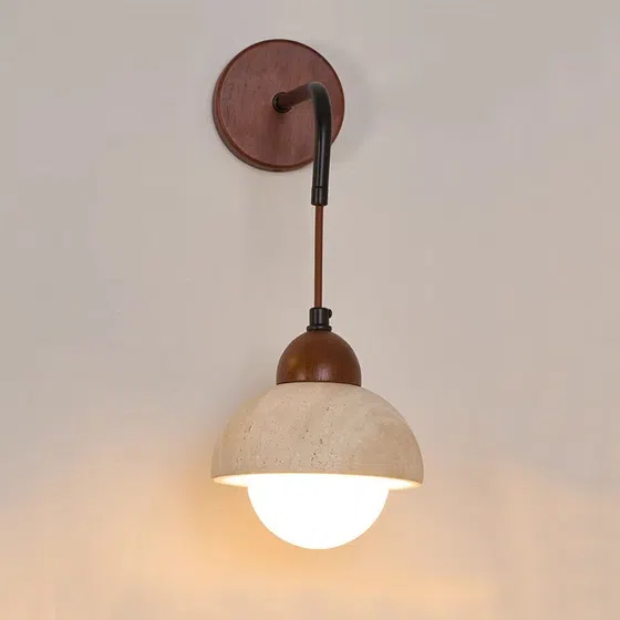 D15cm Natural Stone Ball Wall Light in Wood and Yellow Travertine, detail view
