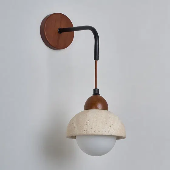 D15cm Natural Stone Ball Wall Light in Wood and Yellow Travertine, installed view