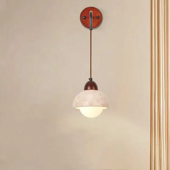 D15cm Natural Stone Ball Wall Light in Wood and Yellow Travertine, scale view
