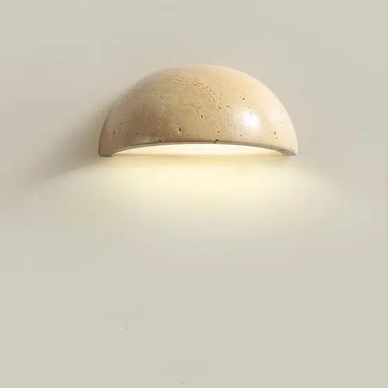 D15cm Wood Stone LED Wall Lamp in Wood and Yellow Travertine, installed view