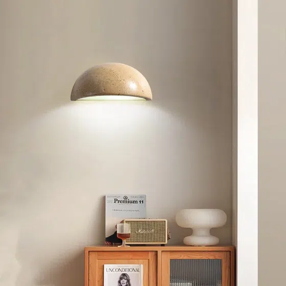 D15cm Wood Stone LED Wall Lamp in Wood and Yellow Travertine, scale view