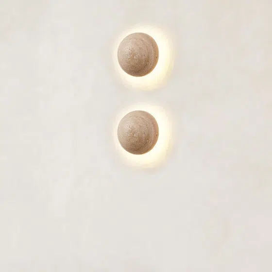 D15cm Yellow Travertine LED Wall Lamp in Wood and Yellow Travertine, installed view