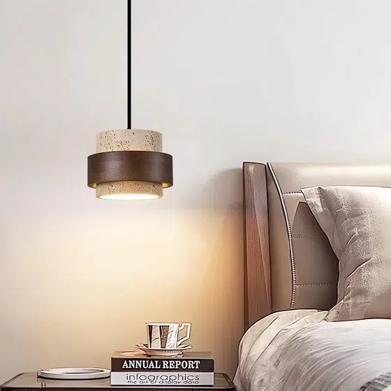 D17cm Yellow Stone LED Pendant Lamp in Yellow Travertine and Wood and Metal, detail view