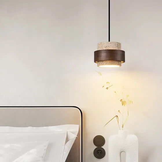 D17cm Yellow Stone LED Pendant Lamp in Yellow Travertine and Wood and Metal, installed view