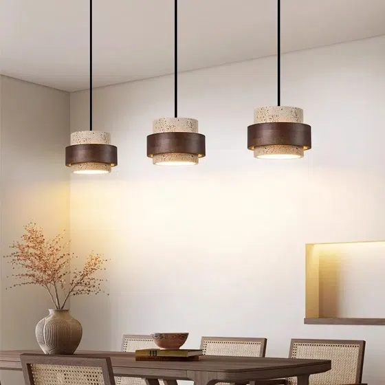 D17cm Yellow Stone LED Pendant Lamp in Yellow Travertine and Wood and Metal, scale view