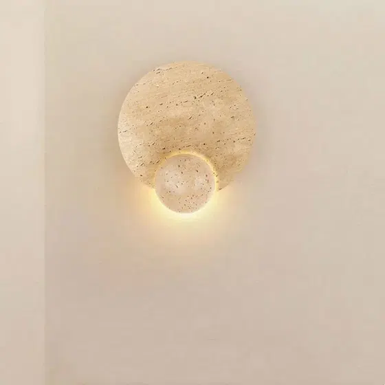 D23cm Travertine Reading LED Wall Light in Wood and Yellow Travertine, detail view