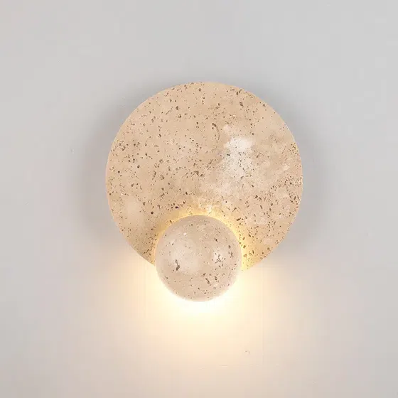 D23cm Travertine Reading LED Wall Light in Wood and Yellow Travertine, installed view