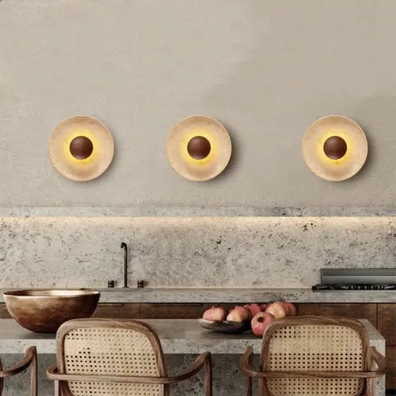 D25cm Natural Stone Wall Light in Wood and Yellow Travertine, detail view