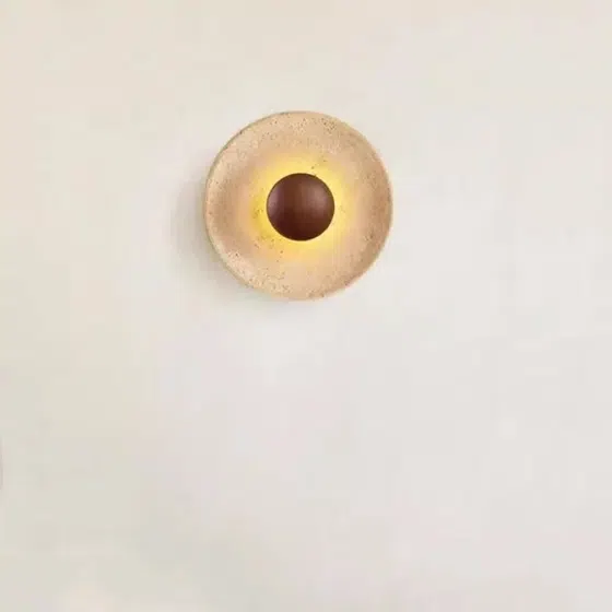 D25cm Natural Stone Wall Light in Wood and Yellow Travertine, installed view