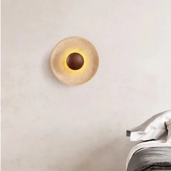 D25cm Natural Stone Wall Light in Wood and Yellow Travertine, scale view