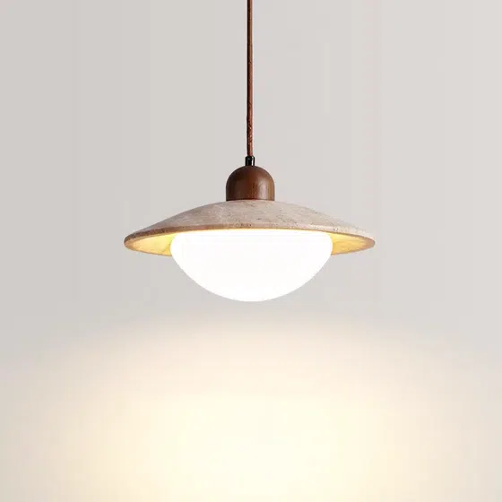 D25cm Travertine Stone Pendant Lamp in Wood and Yellow Travertine, product photograph