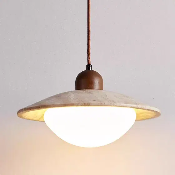 D25cm Travertine Stone Pendant Lamp in Wood and Yellow Travertine, detail view