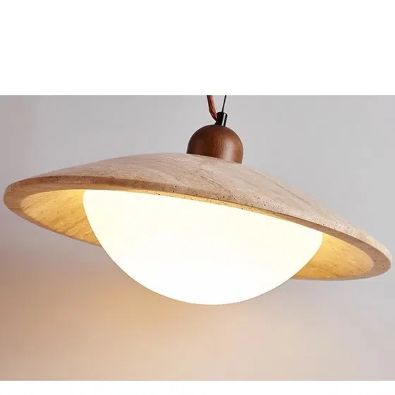 D25cm Travertine Stone Pendant Lamp in Wood and Yellow Travertine, installed view