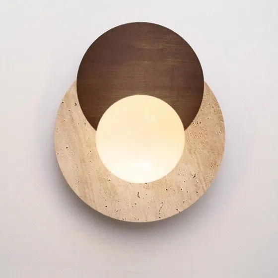 D30cm Round Travertine Wall Lamp in Wood and Yellow Travertine, product photograph