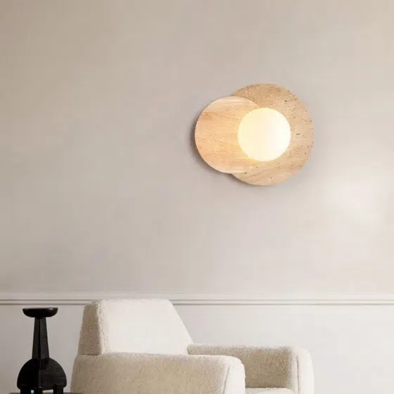 D30cm Round Travertine Wall Lamp in Wood and Yellow Travertine, installed view