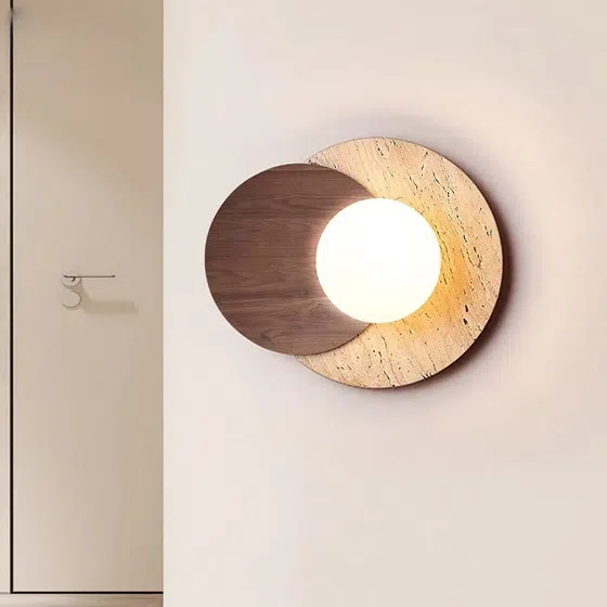 D30cm Round Travertine Wall Lamp in Wood and Yellow Travertine, scale view
