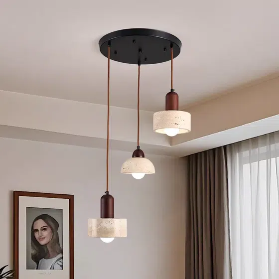 D35CM Yellow Travertine Wood Pendant Lamp in Wood and Yellow Travertine, product photograph