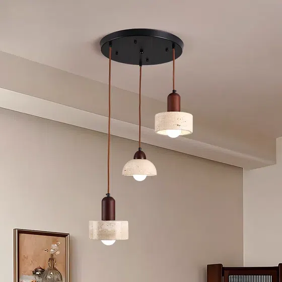 D35CM Yellow Travertine Wood Pendant Lamp in Wood and Yellow Travertine, detail view