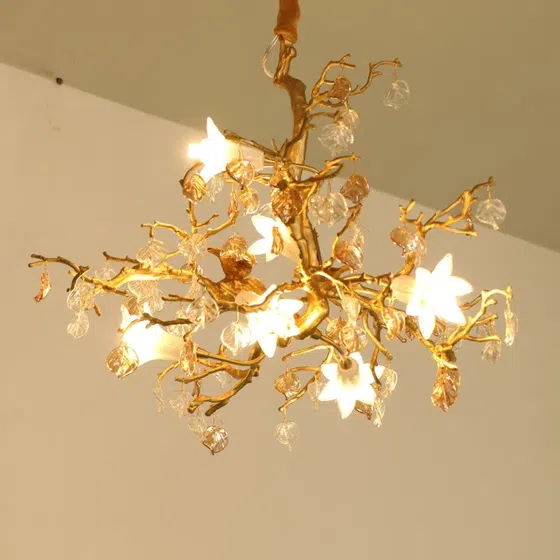 D50CM Glass Flower Tree Chandelier in Copper and Glass, detail view