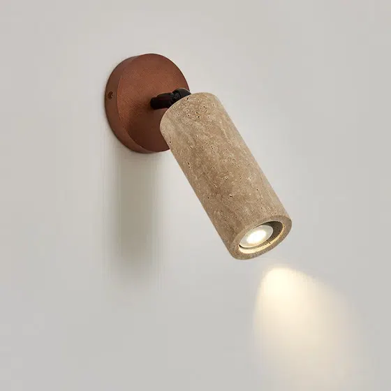 D6.5CM Stone Reading Wall Lamp in Wood and Yellow Travertine, product photograph