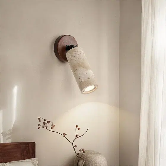 D6.5CM Stone Reading Wall Lamp in Wood and Yellow Travertine, installed view