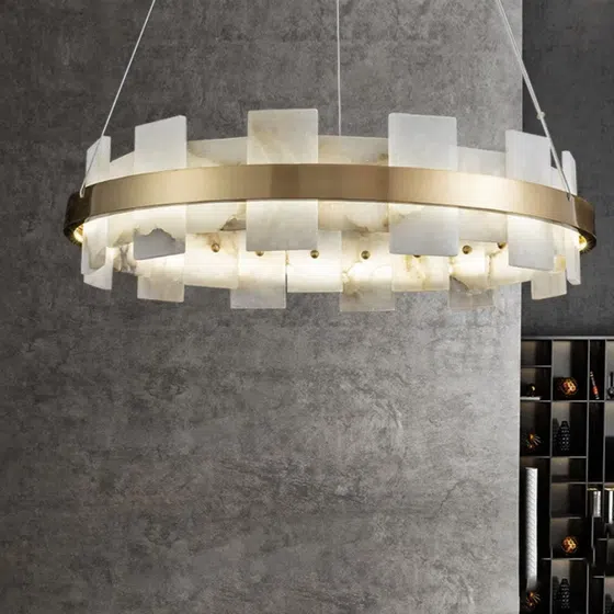 D60/80cm Marble Alabaster Round Pendant Light in Copper and Alabaster, detail view