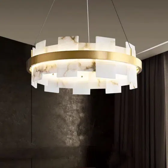 D60/80cm Marble Alabaster Round Pendant Light in Copper and Alabaster, installed view