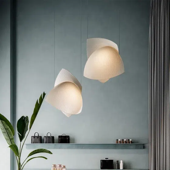 D60CM Fan-Shaped Silk Pendant Light in Iron and Silk, installed view