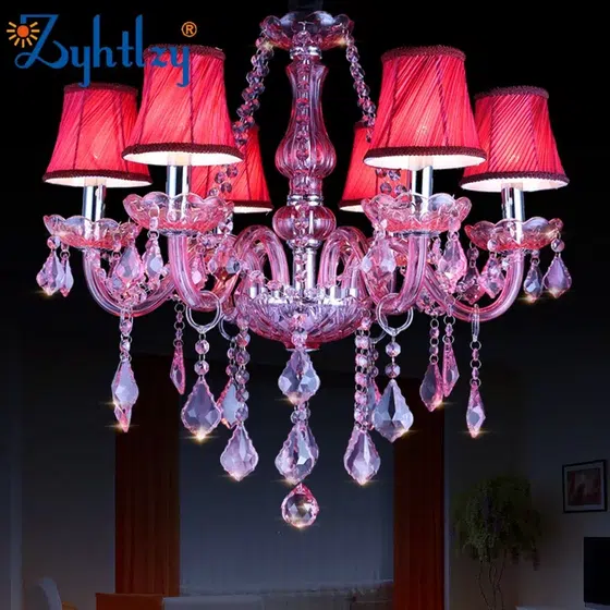Deep Pink Candle Crystal Chandelier in Iron and Crystal and Glass and Fabric, detail view