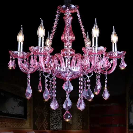 Deep Pink Candle Crystal Chandelier in Iron and Crystal and Glass and Fabric, installed view