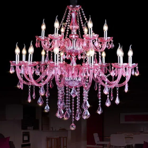 Deep Pink Candle Crystal Chandelier in Iron and Crystal and Glass and Fabric, scale view
