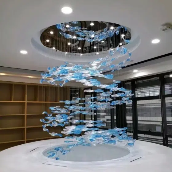 Duplex Luxury Fish Custom Glass Chandelier in Stainless Steel and Glass, product photograph
