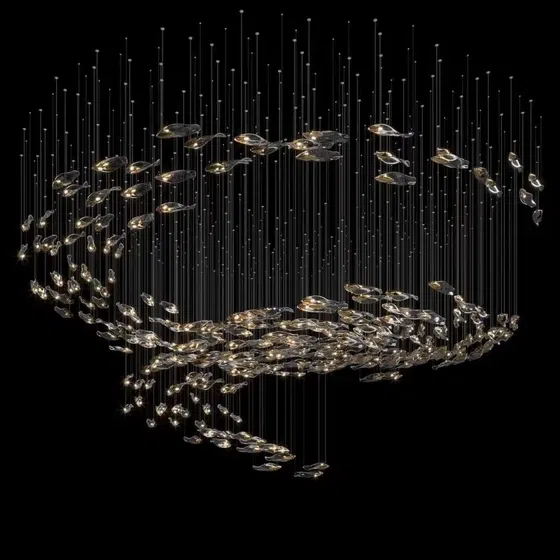 Duplex Luxury Fish Custom Glass Chandelier in Stainless Steel and Glass, detail view