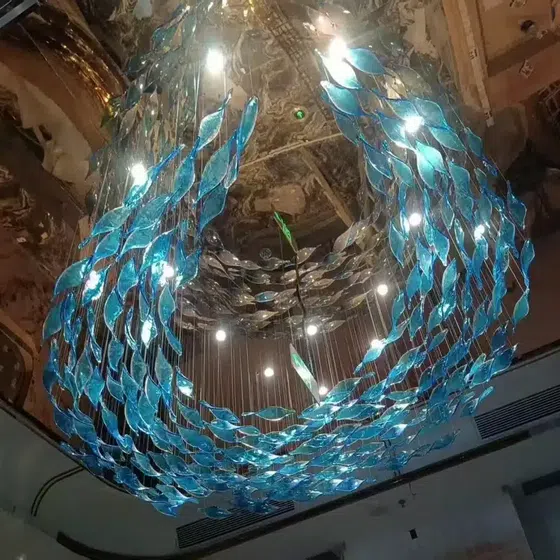 Duplex Luxury Fish Custom Glass Chandelier in Stainless Steel and Glass, installed view