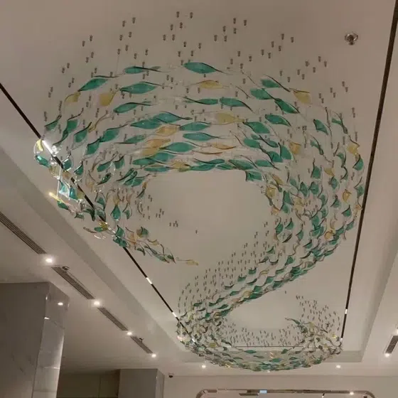 Duplex Luxury Fish Custom Glass Chandelier in Stainless Steel and Glass, scale view
