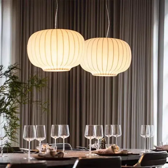 H43cm Duplex White Silk Pendant Light in Iron and Silk, product photograph