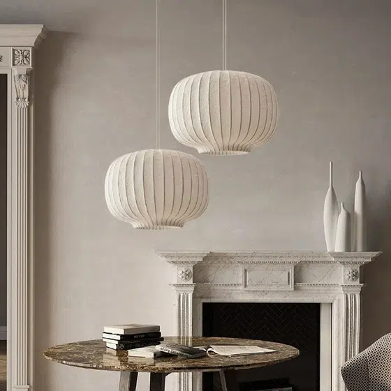 H43cm Duplex White Silk Pendant Light in Iron and Silk, detail view