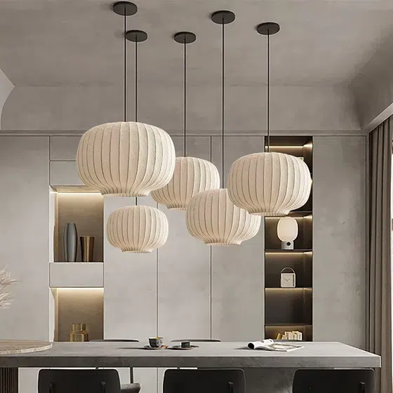 H43cm Duplex White Silk Pendant Light in Iron and Silk, installed view