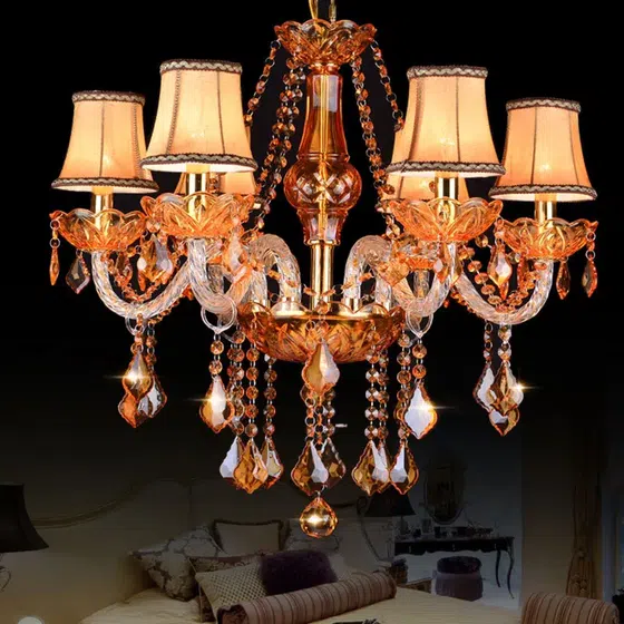 E14 Amber Crystal Candle Chandelier in Iron and Crystal and Glass and Fabric, detail view