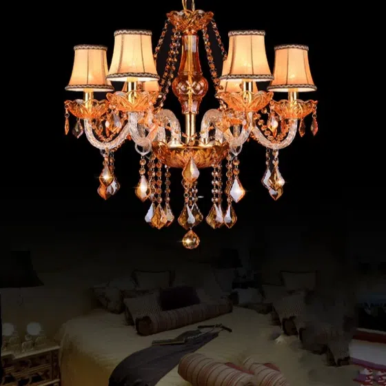 E14 Amber Crystal Candle Chandelier in Iron and Crystal and Glass and Fabric, installed view