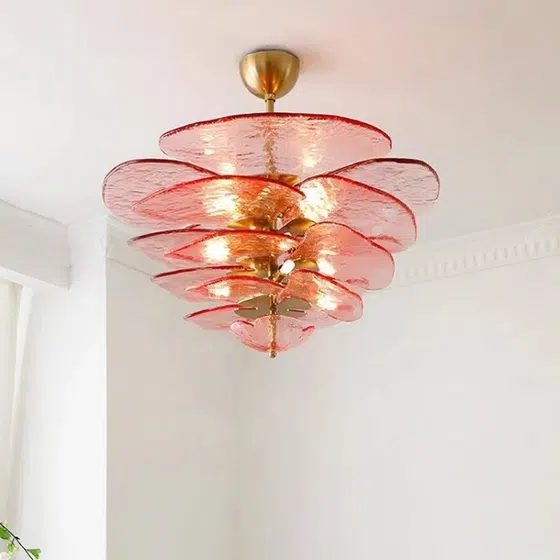 E14 Amber Pink Glass Pendant Light in Iron Plating and Glass, detail view