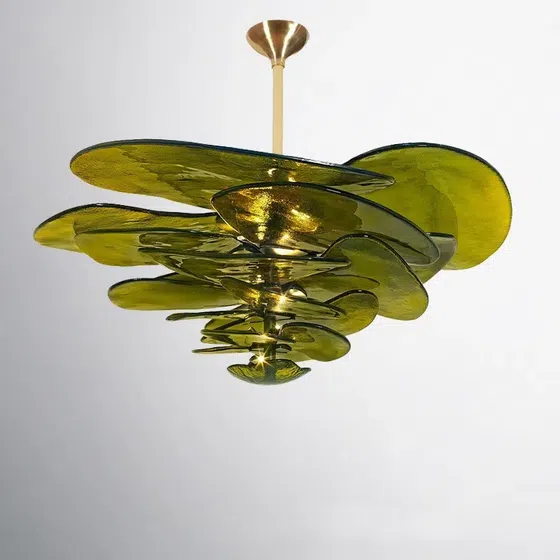 E14 Amber Pink Glass Pendant Light in Iron Plating and Glass, installed view