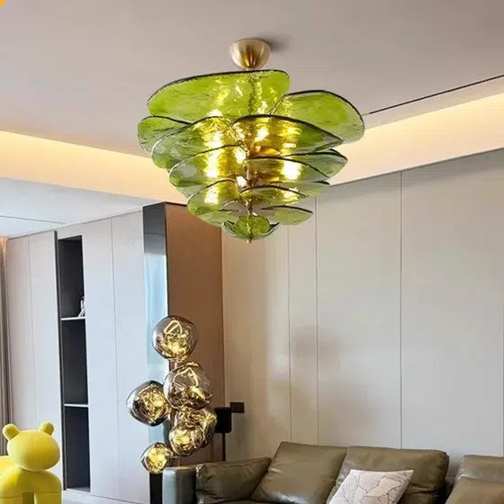 E14 Amber Pink Glass Pendant Light in Iron Plating and Glass, scale view