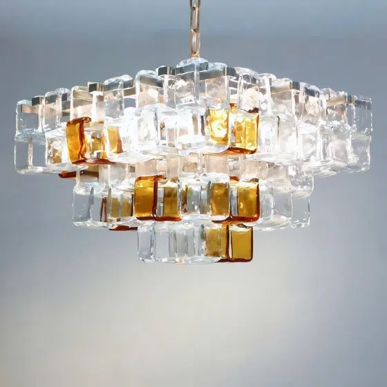 E14 Chrome Glass Cube Pendant Light in Iron Plating and Glass, product photograph