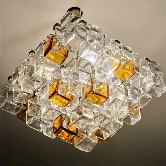 E14 Chrome Glass Cube Pendant Light in Iron Plating and Glass, installed view