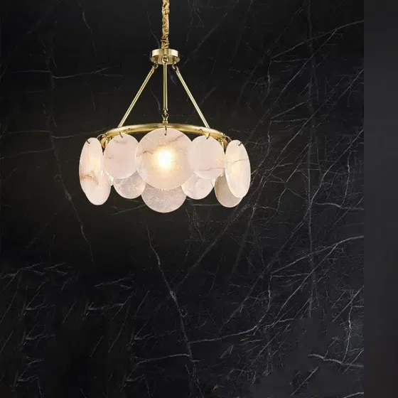 E14 Copper Round Marble Pendant Light in Copper and Marble, installed view