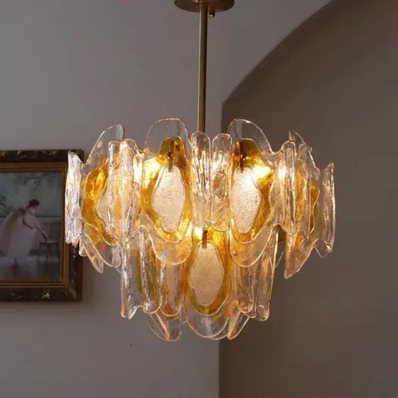 E14/E12 Amber Glass Pendant Lamp in Iron and Glass, product photograph